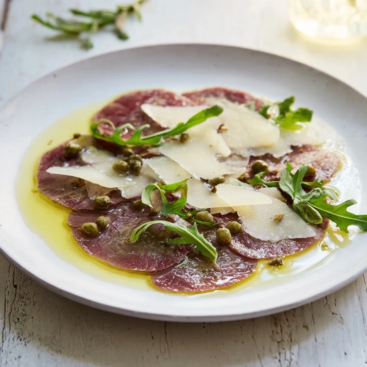 A delicious Italian appetizer, perfectly presented Beef Carpaccio with capers, a savory delight.