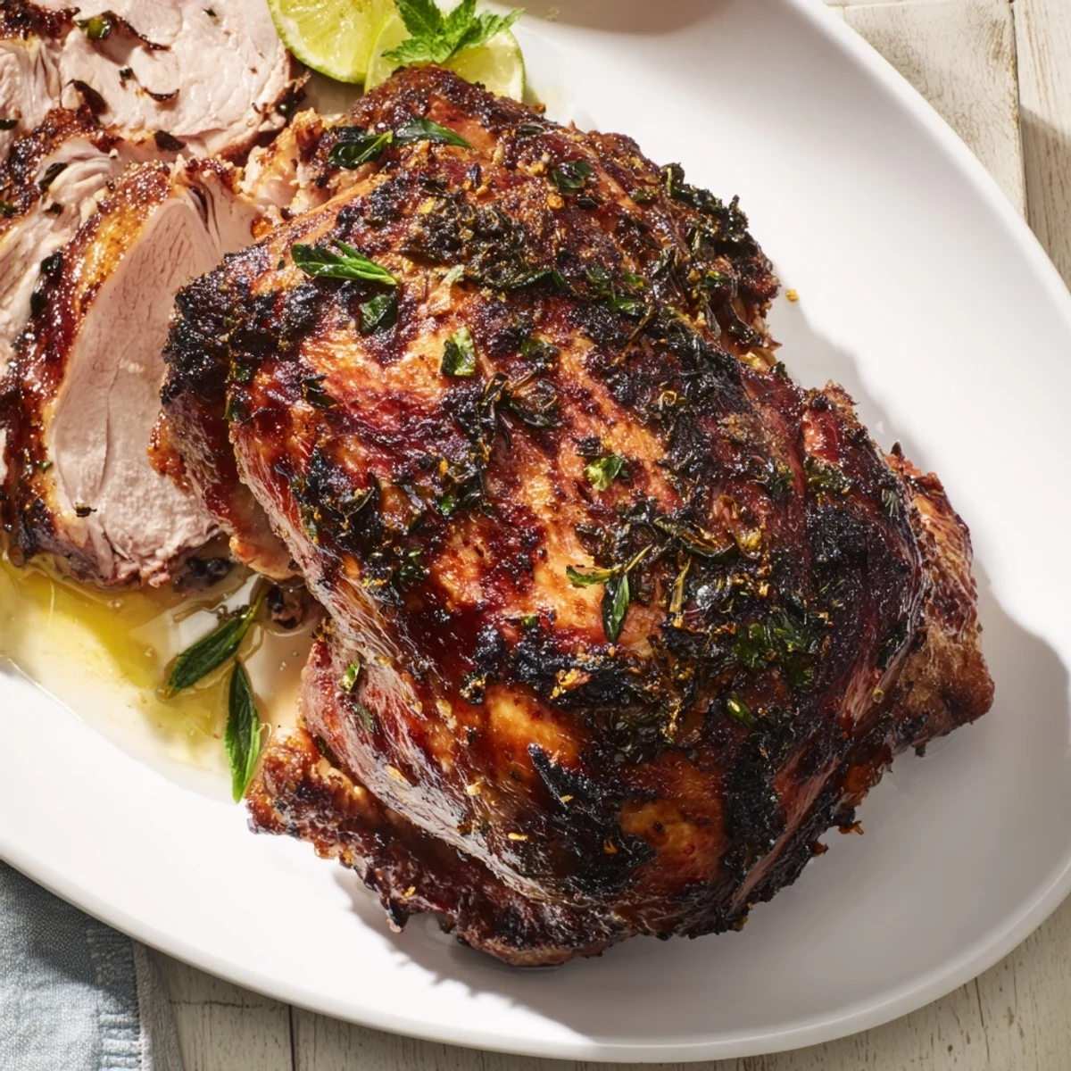 Juicy, golden Slow Roasted Turkey Breast, beautifully garnished and ready to serve on a platter.