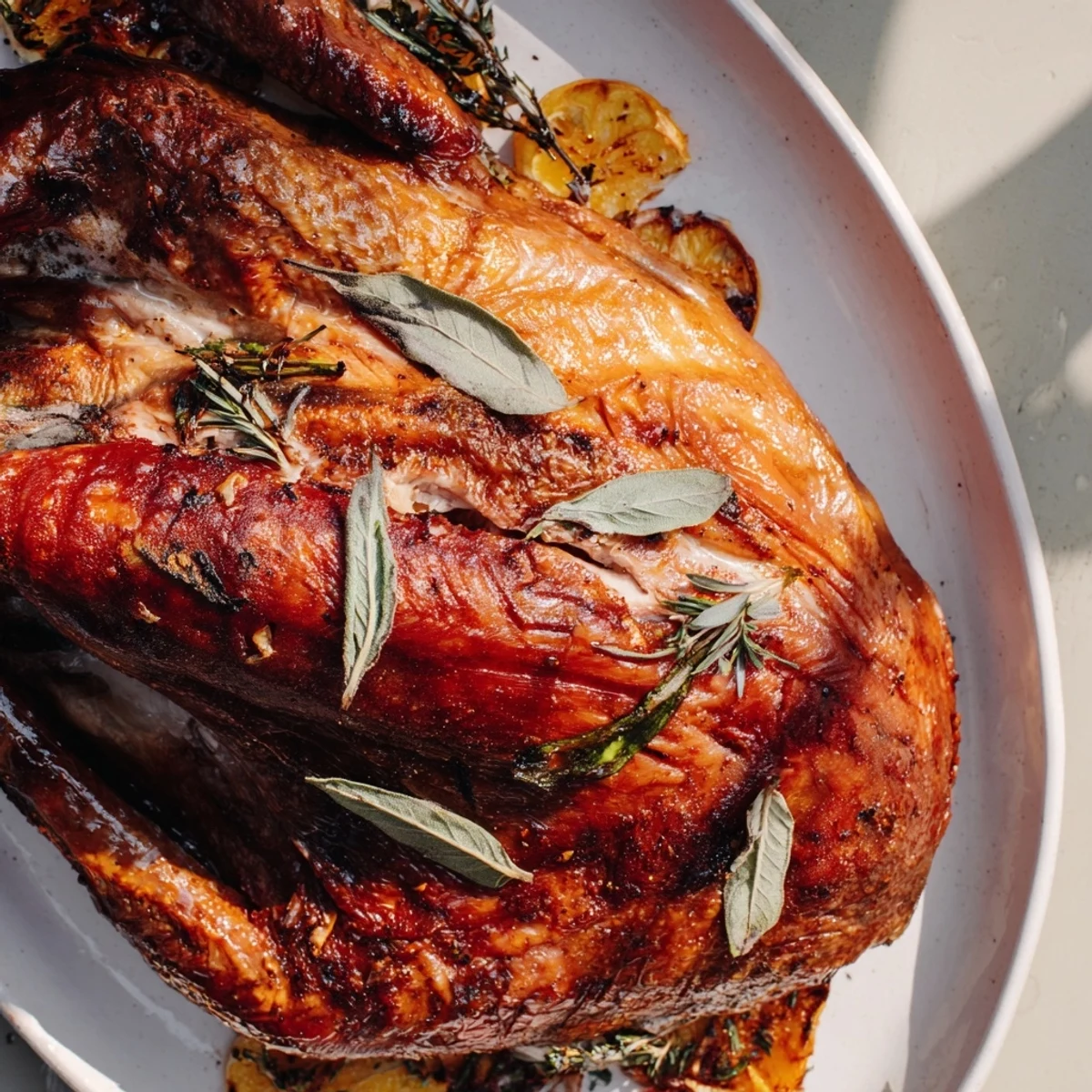 Fragrant herbs coat the crispy skin of the Slow Roasted Turkey Breast on a bed of roasted vegetables.