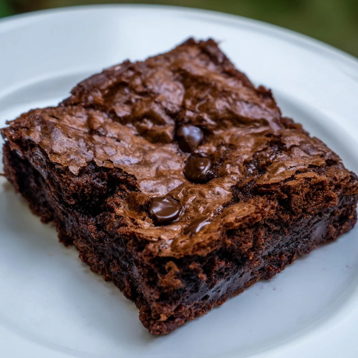 Warm chocolate brownies, gooey inside with a shiny, crackly top, ready to serve.
