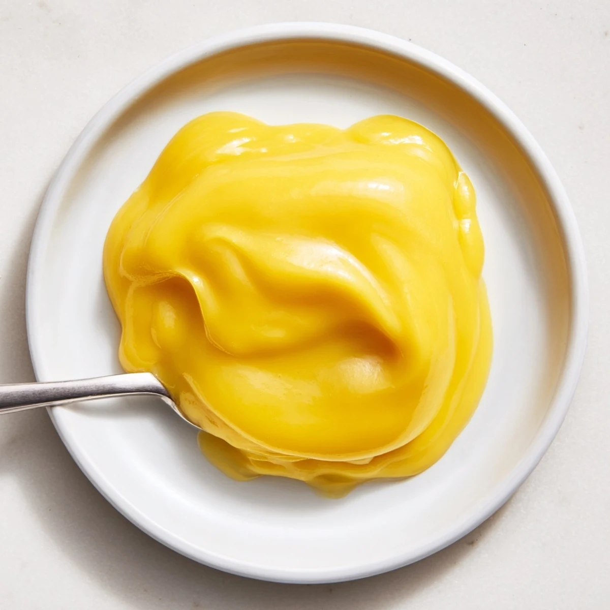 Golden, homemade lemon curd, smooth and thick, ready to be spread over toast.