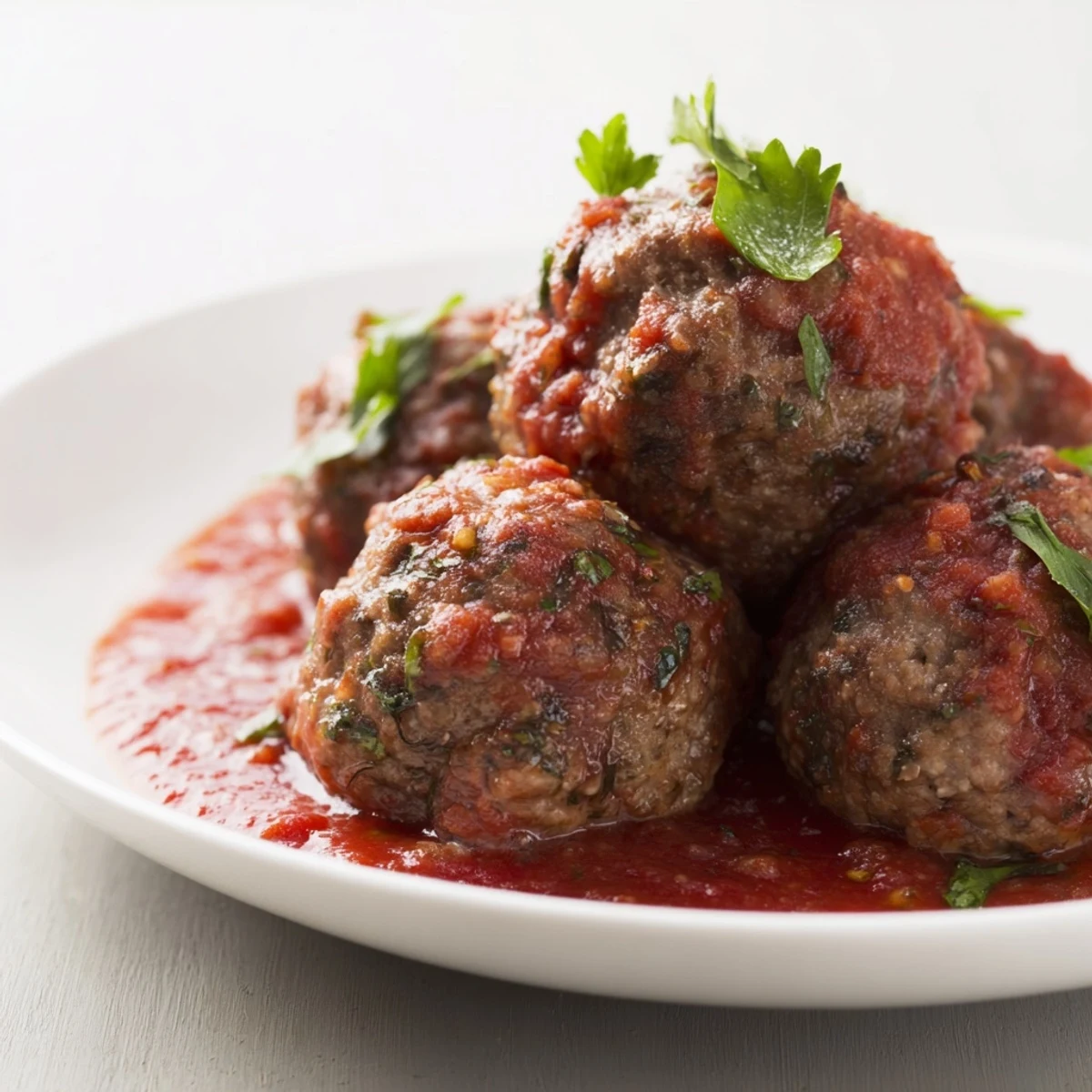 A close-up shot of perfectly cooked Beef Meatballs, ready to be enjoyed with flavorful marinara.