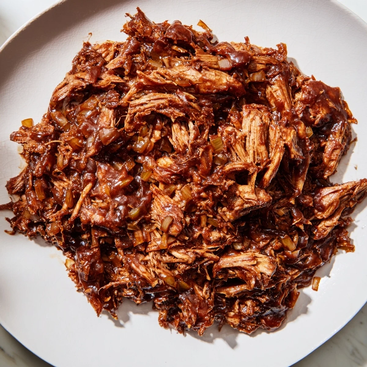This Slow Cooked Pork-Free Pulled Jackfruit, glistening with barbecue sauce, offers smoky, shredded deliciousness.