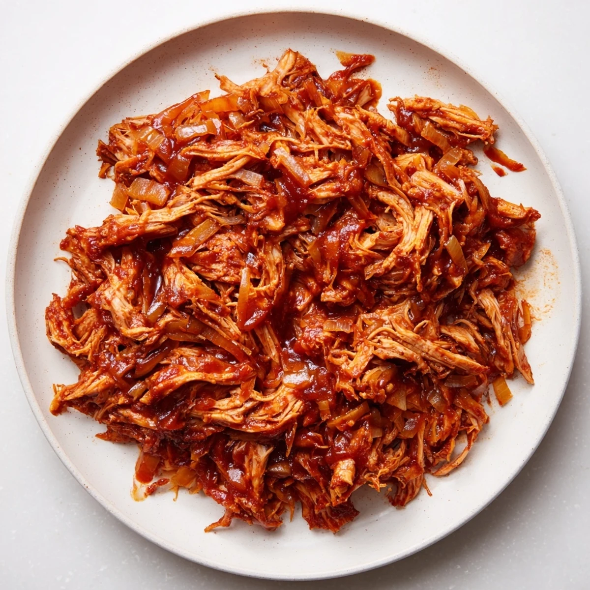 Slow Cooked Pork-Free Pulled Jackfruit, richly flavored, perfect for topping a warm, toasted bun with coleslaw.