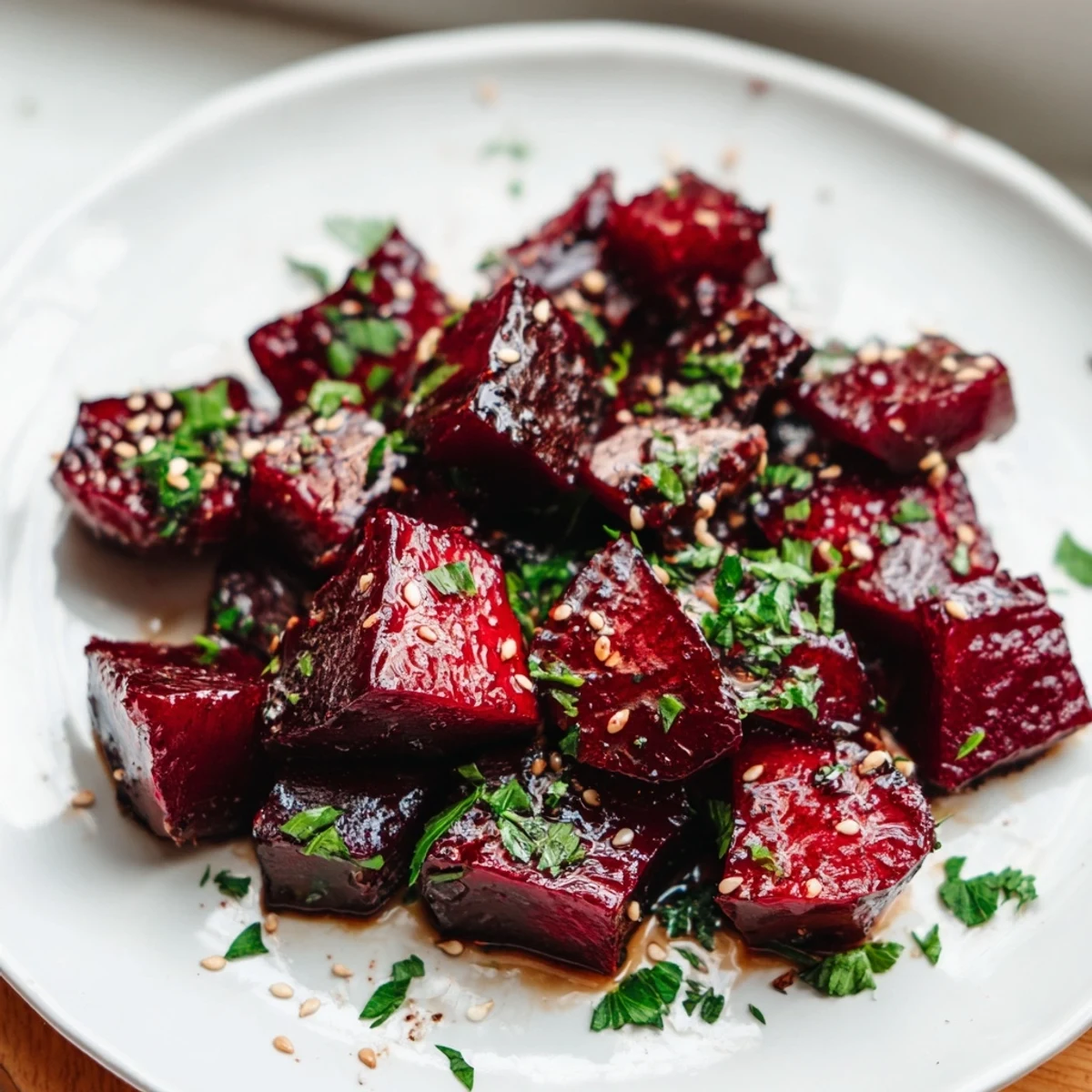 A close-up shot of perfectly Roasted Beetroot, glistening with balsamic glaze and herbs, inviting a taste.