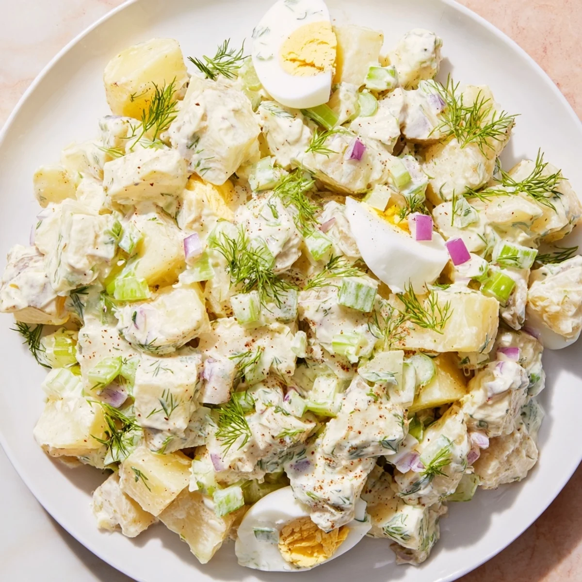 Creamy potato salad, a delicious, classic side with tender potatoes and tangy dressing, ready to enjoy.