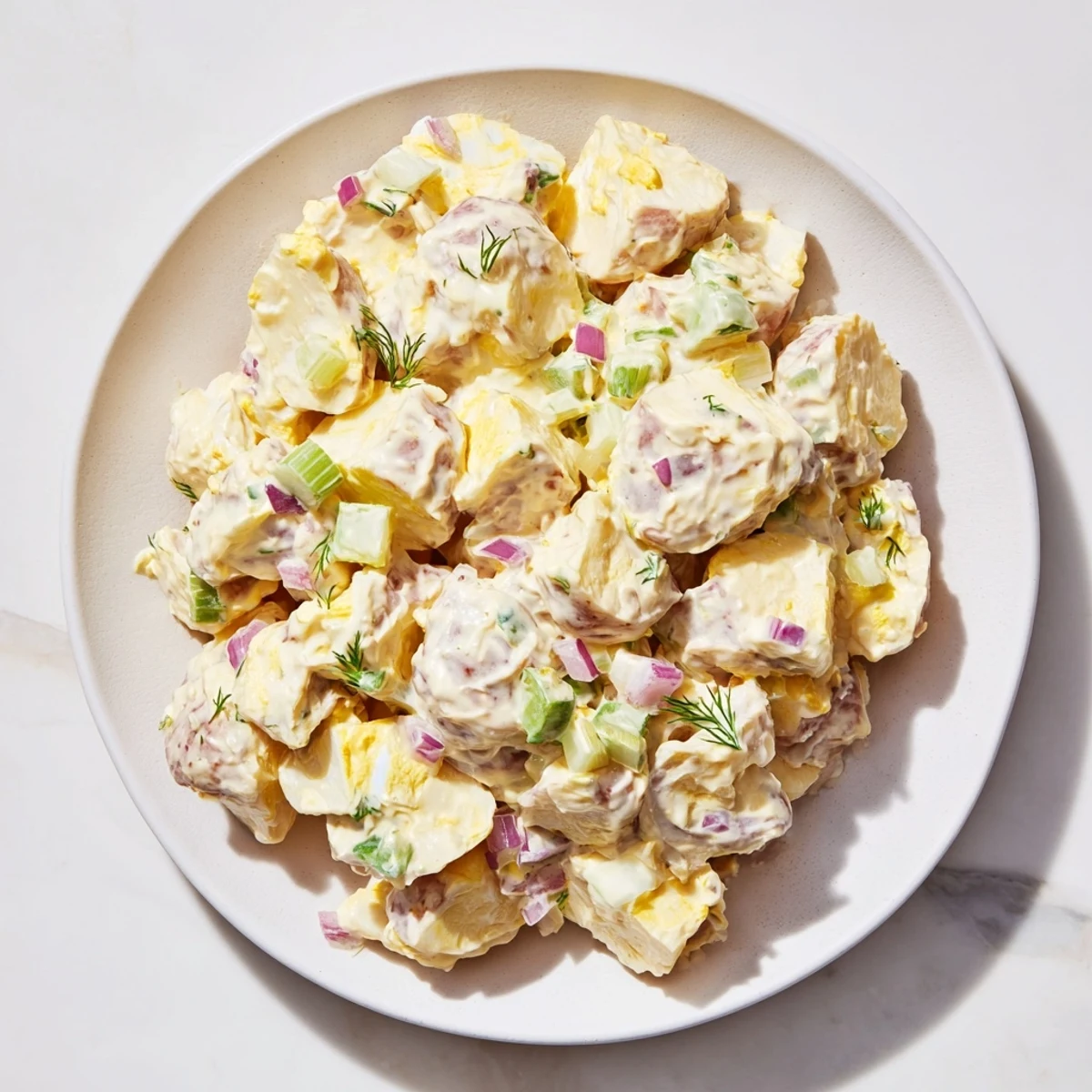 This creamy potato salad shows perfectly cooked potatoes mixed with fresh herbs and a creamy dressing.