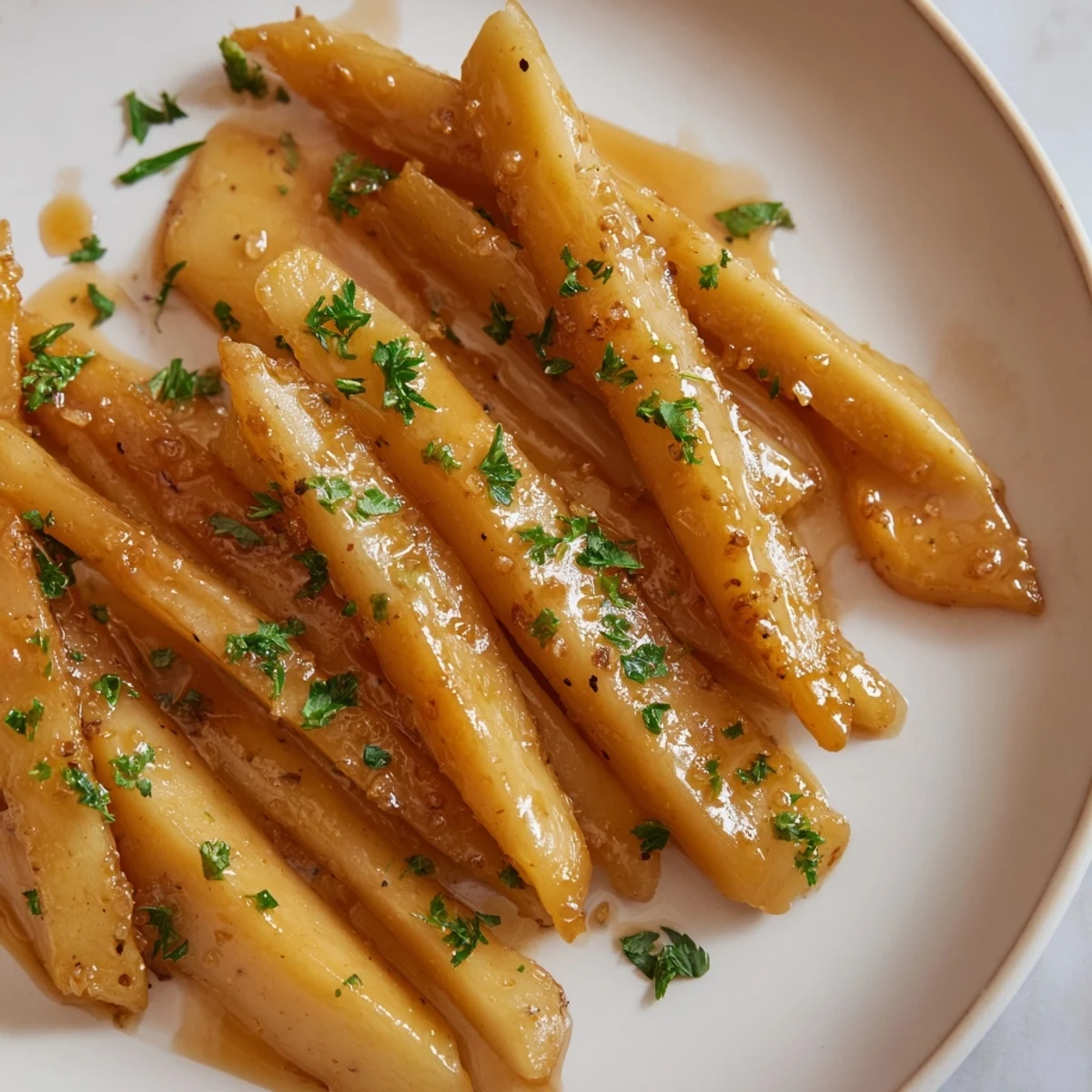 Freshly plated glazed parsnips, a vegetarian, gluten-free side, ready to eat now.
