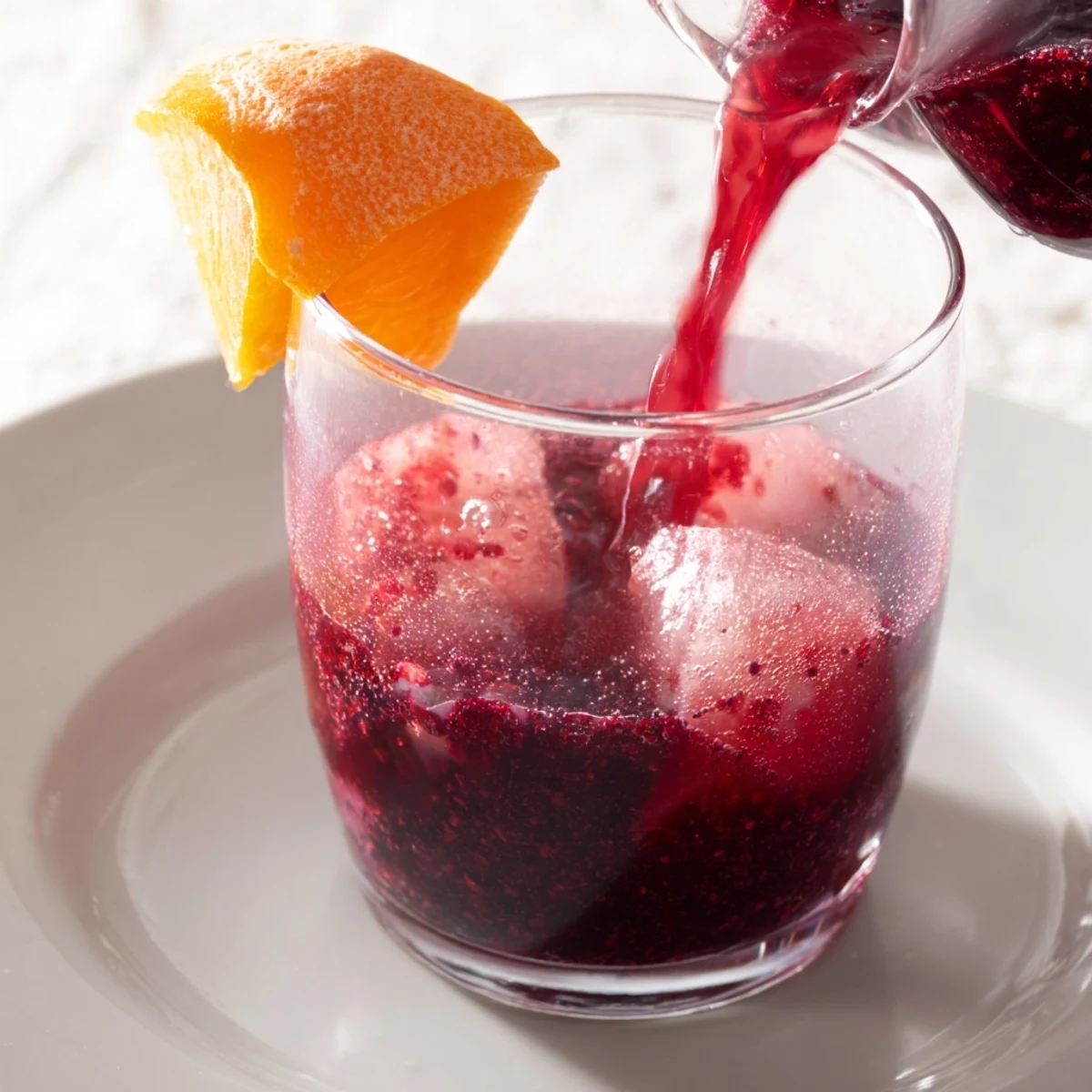 Freshly blended Winter Berry Juice, featuring vibrant red berries and citrusy orange segments.