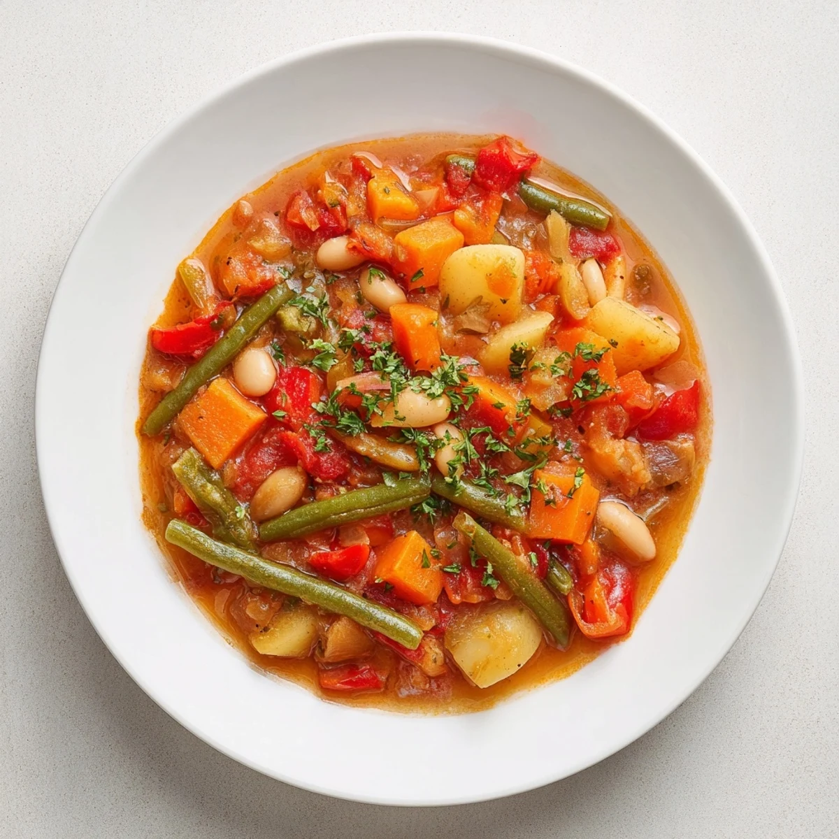 A close-up shot of a bubbling pot of delicious, aromatic Vegetarian Stew, ready to serve.