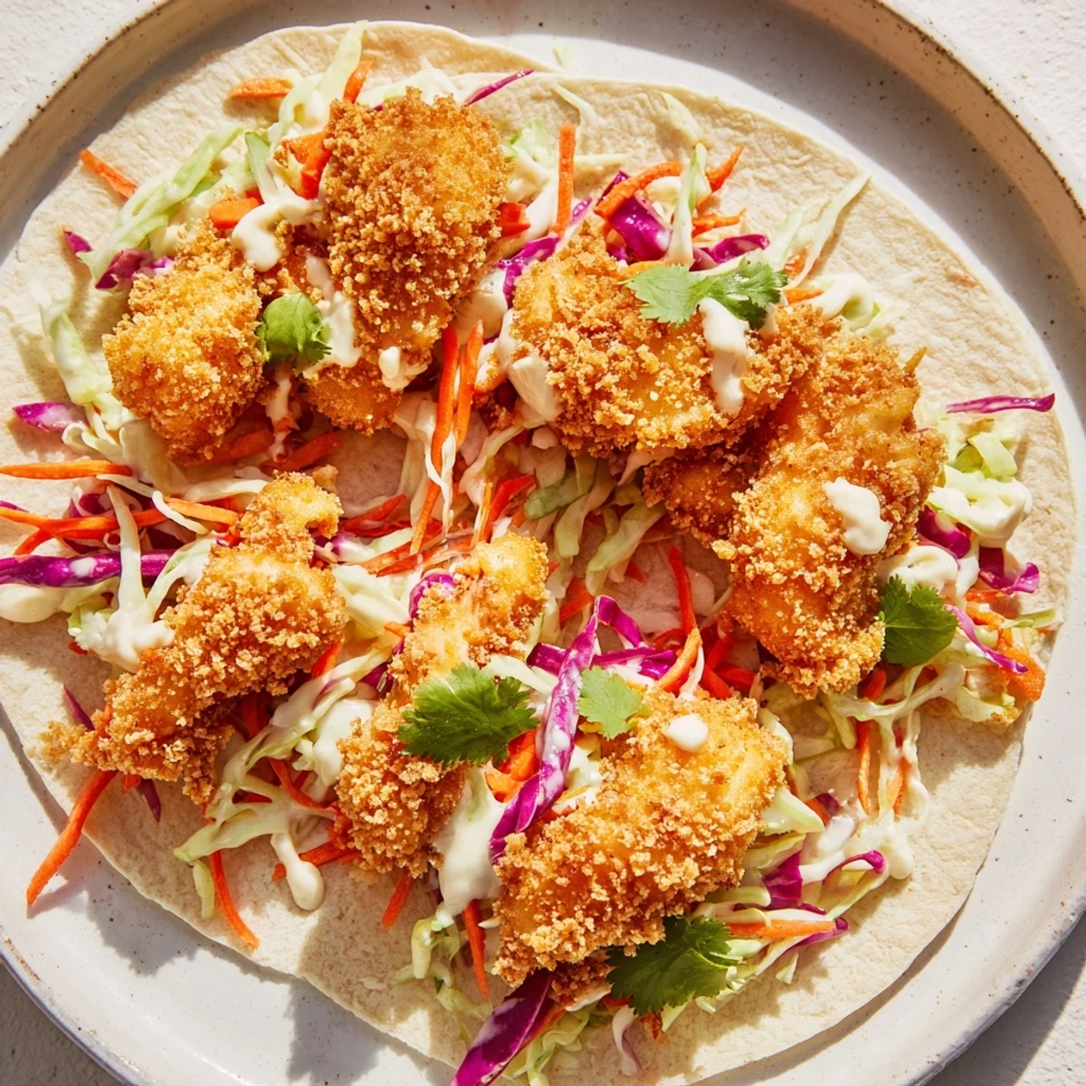 Golden, crispy fish tacos overflowing with fresh cabbage slaw, ready to be eaten.