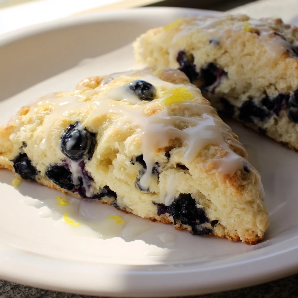 Freshly baked Lemon Blueberry Scones, golden and warm, drizzled with a sweet, tangy lemon glaze.