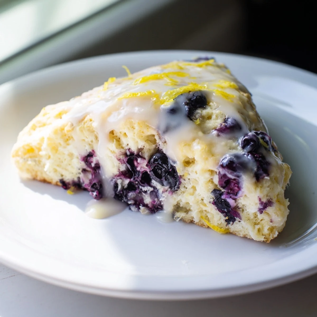 A close-up of delicious Lemon Blueberry Scones, showing the juicy blueberries baked inside and glaze.