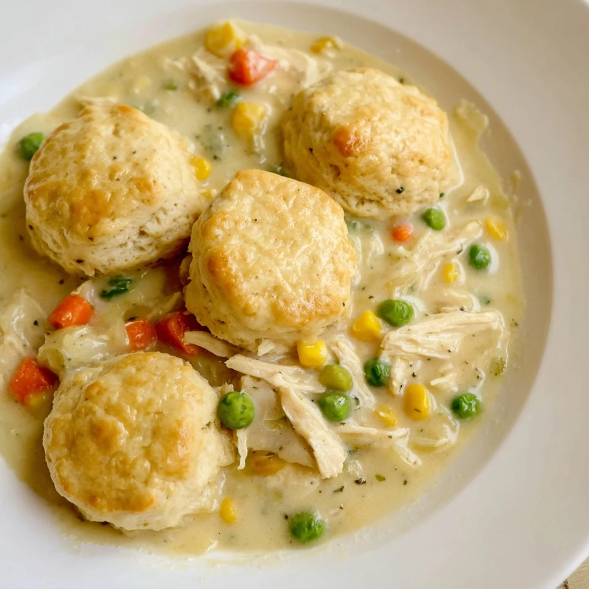 A visually appealing bowl of Chicken Pot Pie Soup: savory broth with vegetables and chicken, topped with golden biscuits.