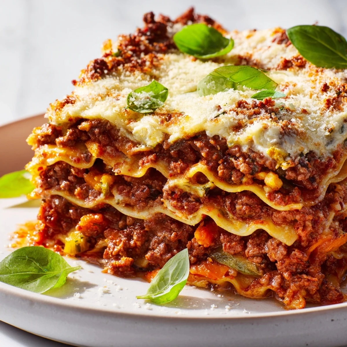 A close-up of a steaming hot classic beef lasagna, perfect for a cozy Italian dinner at home.