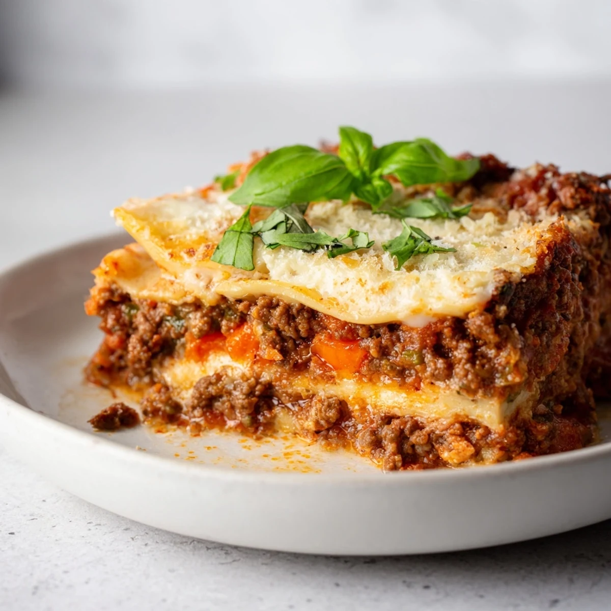 Homemade classic beef lasagna, featuring a close shot with melted cheese and delicious meat sauce flavors.