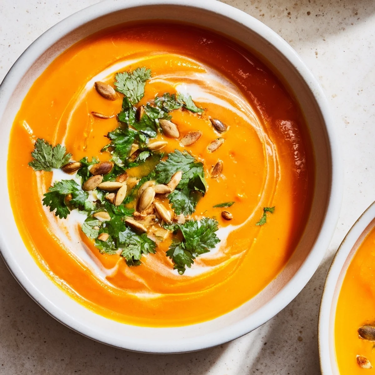 Creamy roasted carrot and ginger soup, garnished with cilantro and coconut milk swirl, looks delicious.