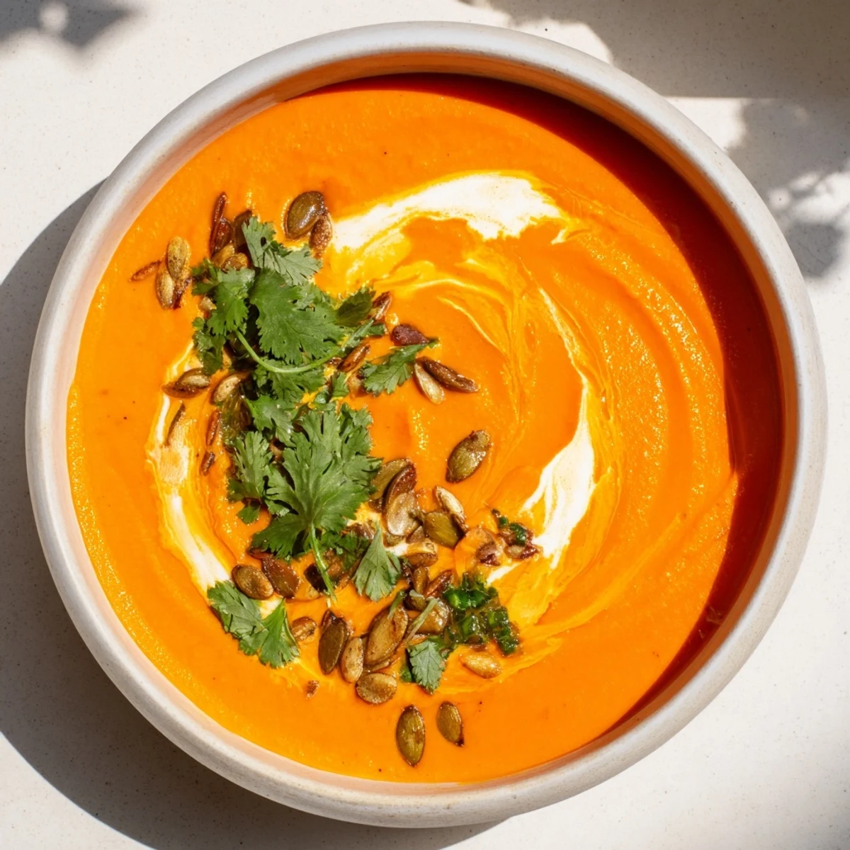 This smooth roasted carrot and ginger soup, rich with coconut milk, is perfect for a chilly evening.