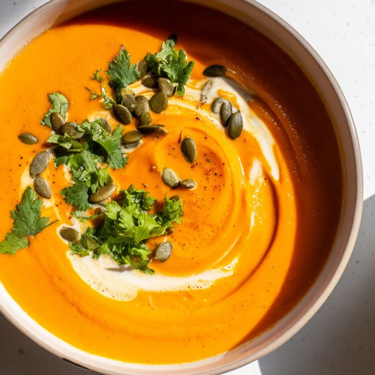 A bowl of vibrant roasted carrot and ginger soup, hinting at warmth and comforting flavors, is appealing.