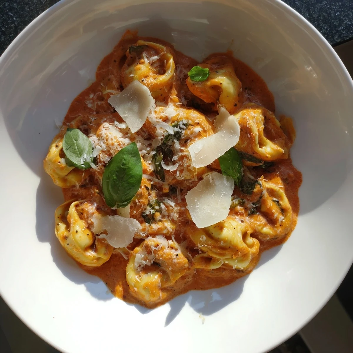 Garnished One Pot Creamy Tomato Tortellini, a vegetarian delight, ready to be served and enjoyed.