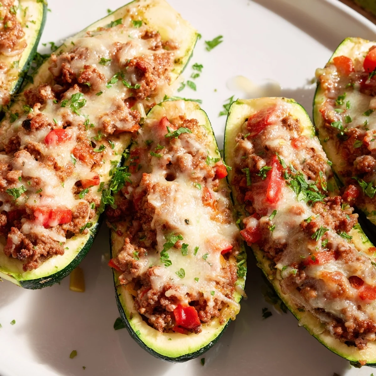 Zucchini Boats loaded with savory ground beef and melted cheese, a flavorful low-carb meal.