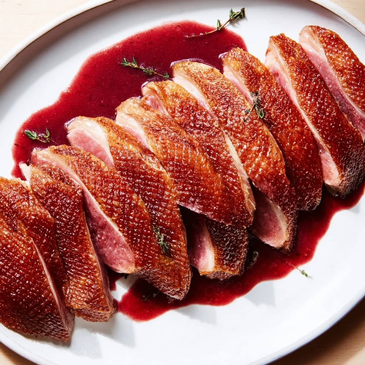 Crispy skin on pan seared duck breast, plated and ready to slice for dinner.