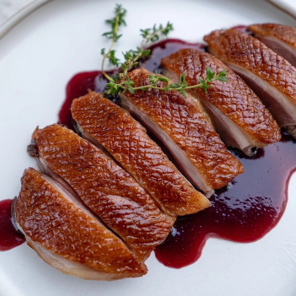 Golden brown pan seared duck breast, glistening with rendered fat, a gourmet meal.