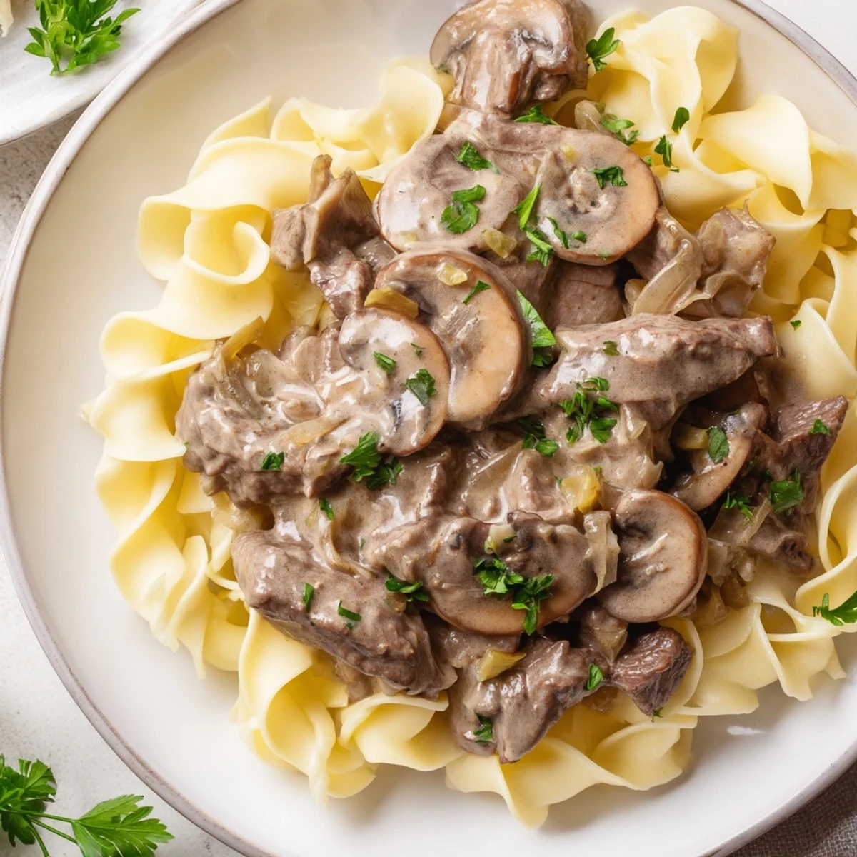 Close-up of savory beef stroganoff, a classic Russian dish, served with a garnish of parsley.