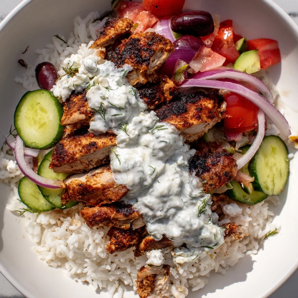 Golden-brown Greek Chicken Gyro Bowls with vibrant veggies, creamy tzatziki, and crumbled feta cheese.