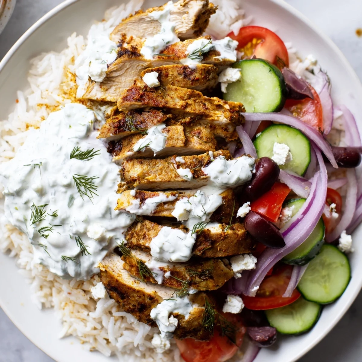 A close-up of a flavorful Greek Chicken Gyro Bowl, brimming with fresh ingredients and fragrant herbs.