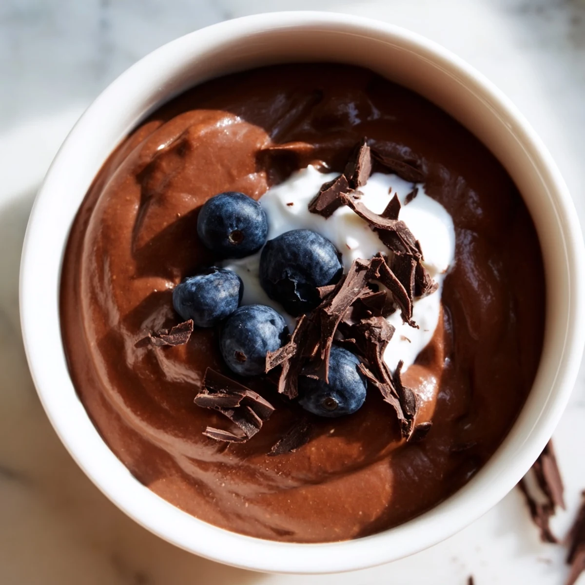 Rich, vegan chocolate avocado pudding, showcasing its thick, velvety texture, ready to eat.
