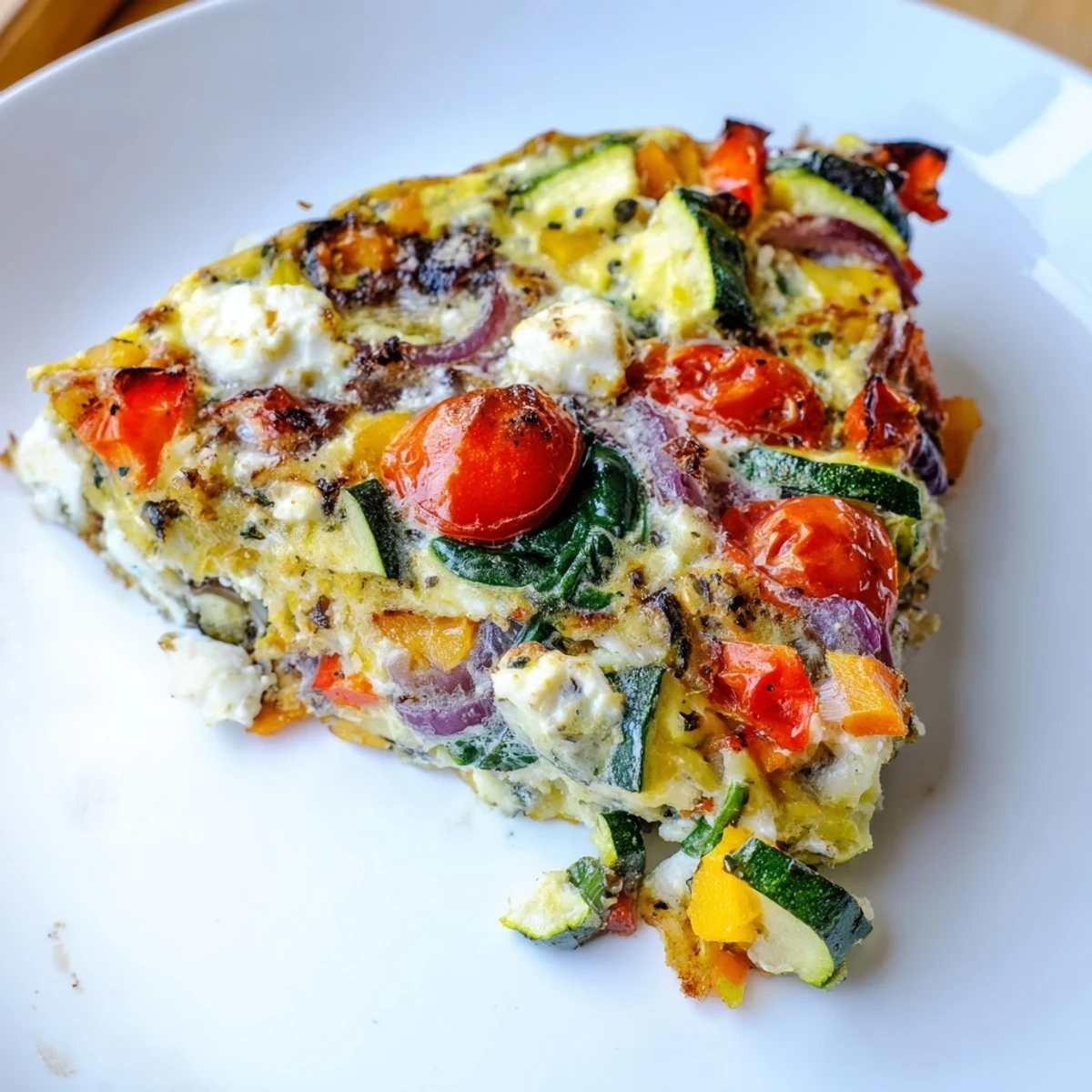A hearty slice of delicious Roasted Vegetable Frittata, showcasing caramelized vegetables and creamy texture.