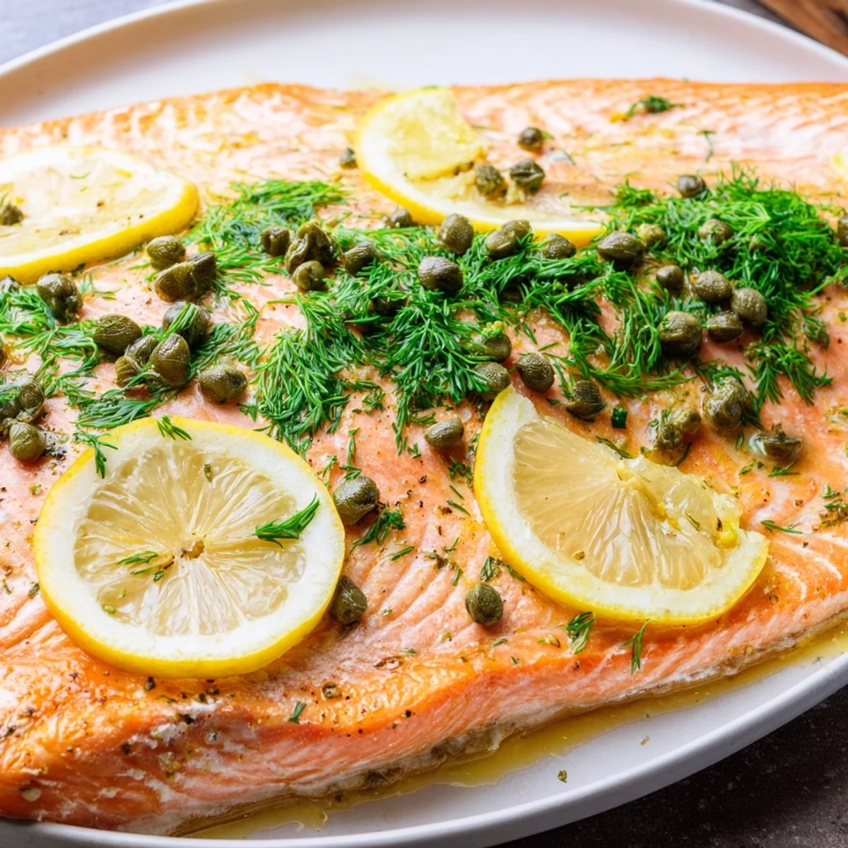 Baked salmon with capers and dill, glistening with olive oil and lemon on a baking sheet.