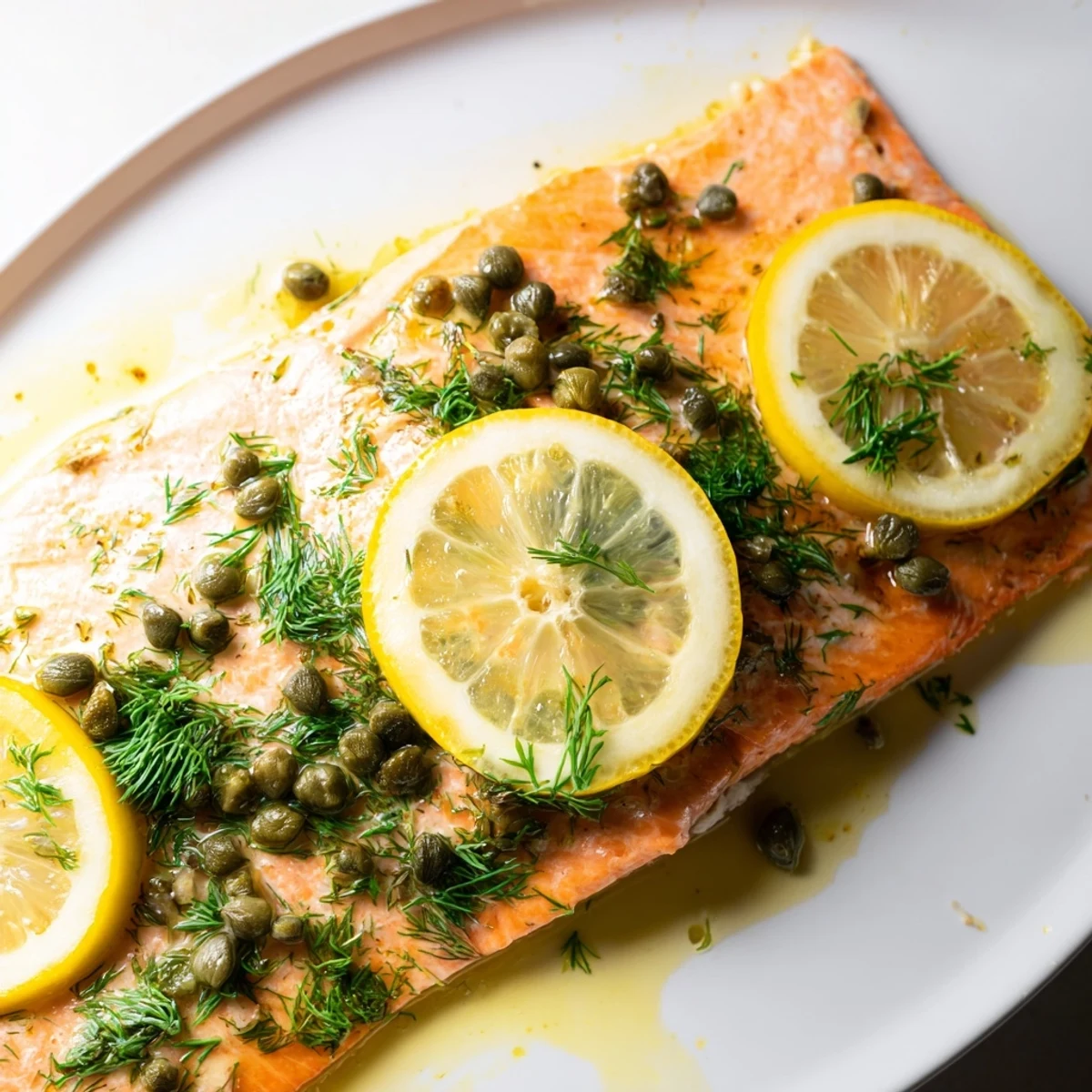 Flaky, oven-baked salmon features fresh dill and briny capers, ready to be served and enjoyed.
