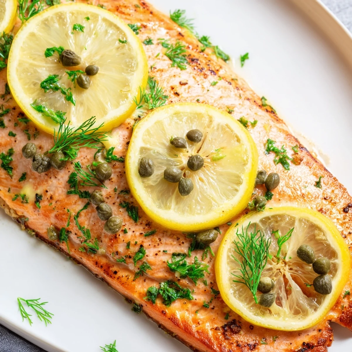 Tender baked salmon topped with bright lemon and capers, a perfect light and flavorful meal.