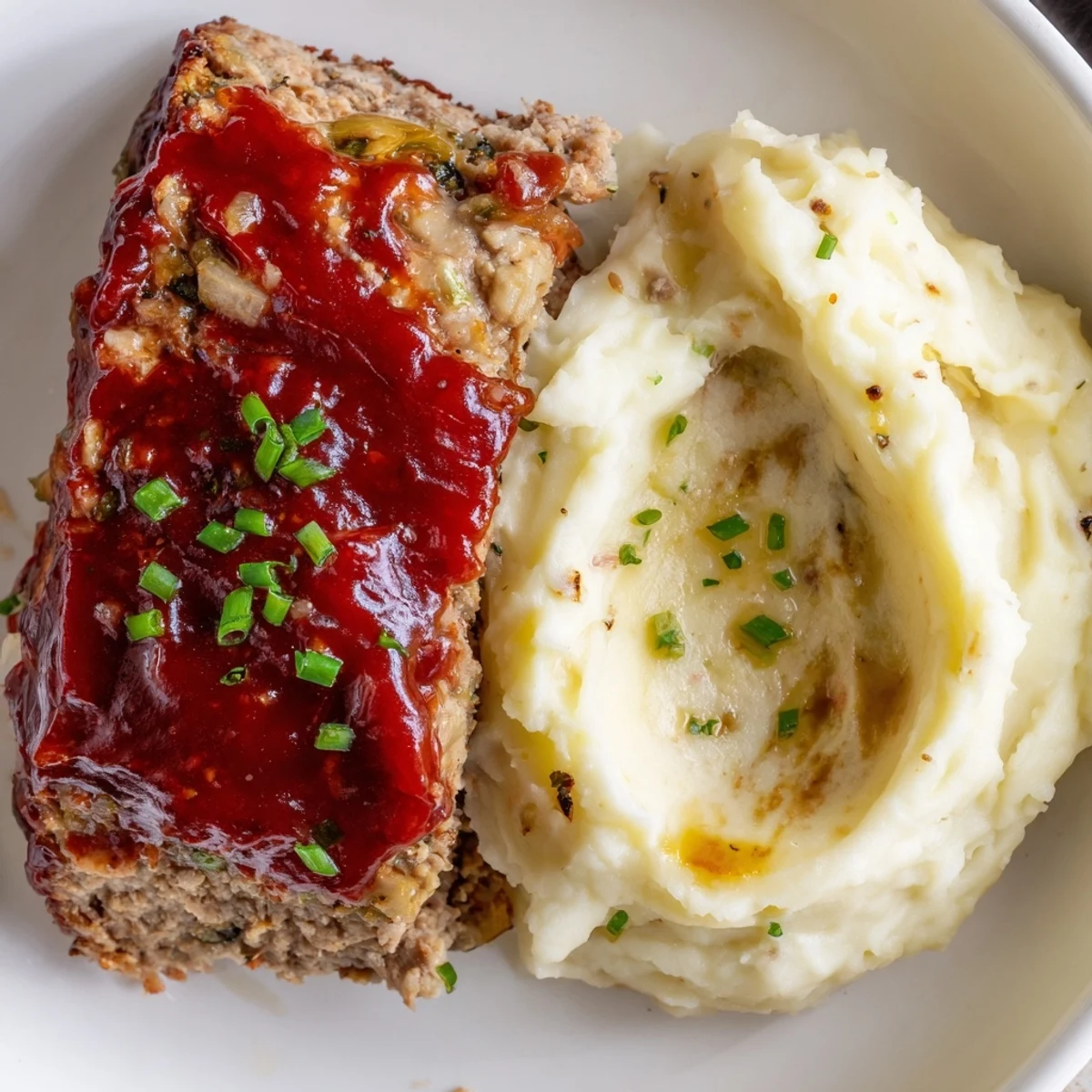 A close-up of a juicy turkey meatloaf, glistening with glaze, served with creamy mashed potatoes.