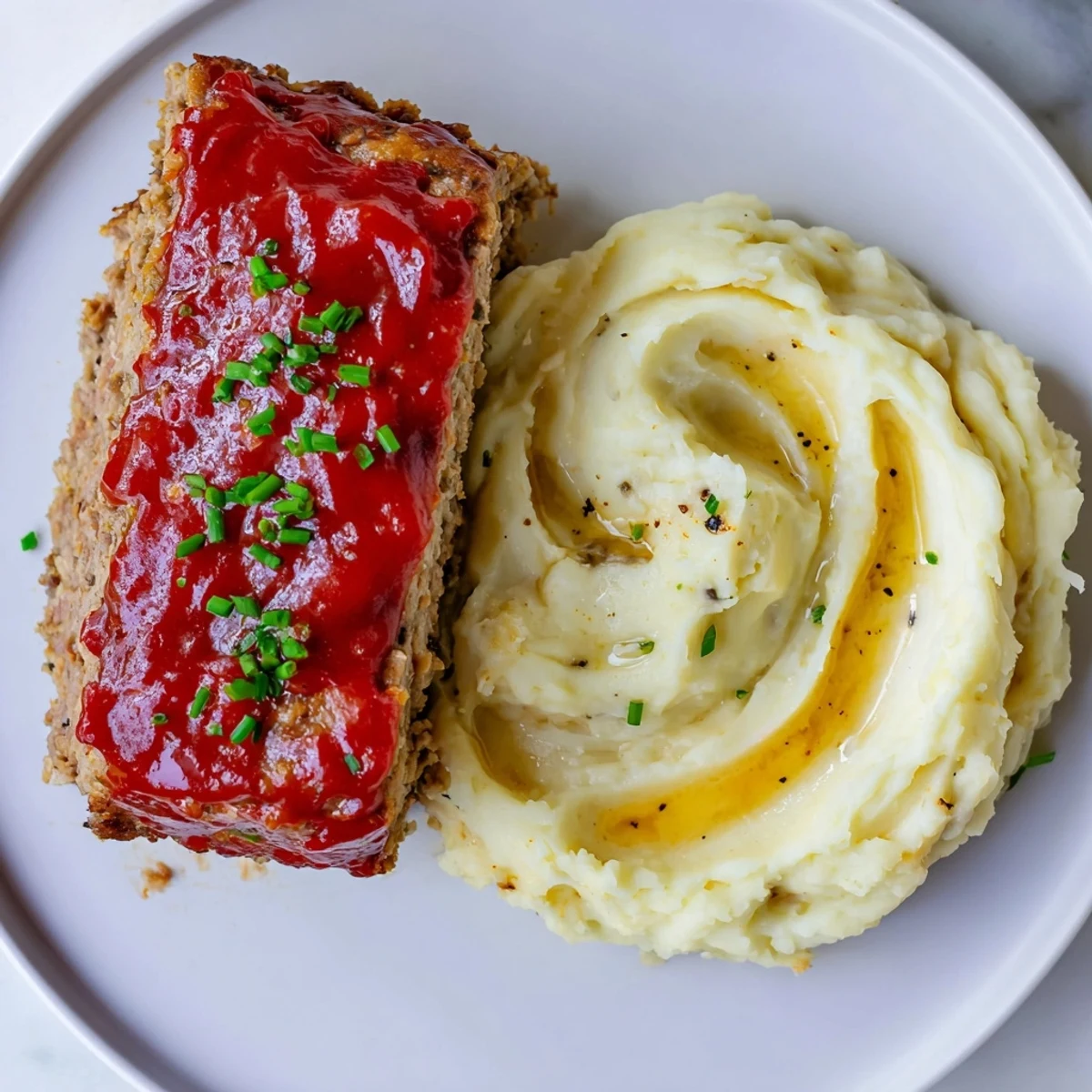 Delicious family-style dinner of turkey meatloaf and fluffy mashed potatoes, perfectly plated and ready to serve.
