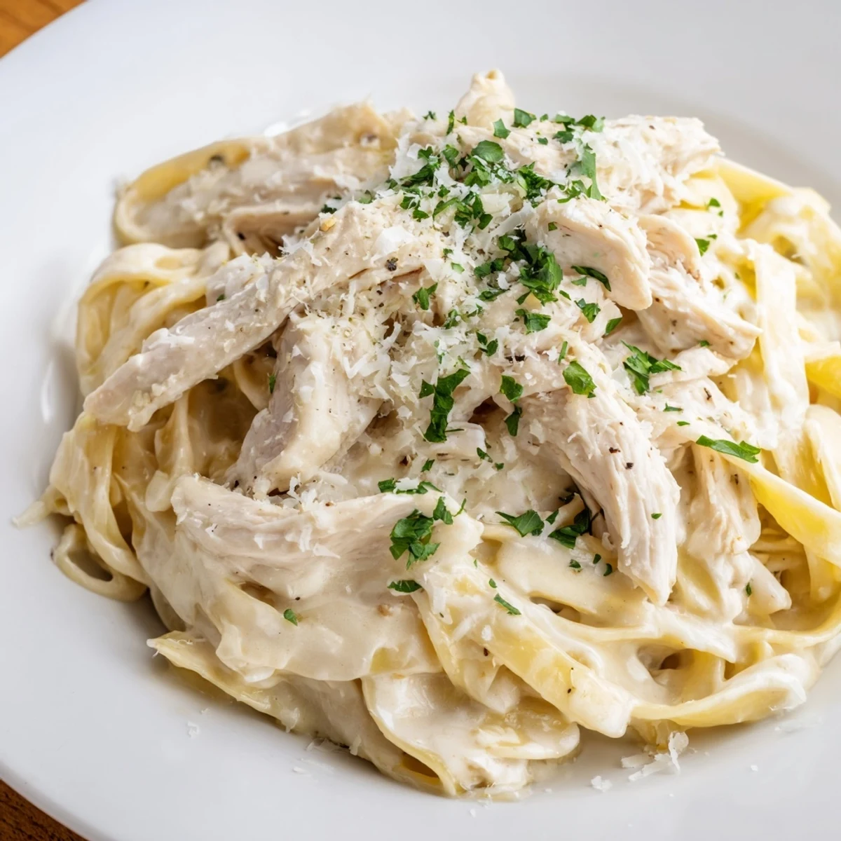 A beautiful bowl with golden chicken pieces topping the rich Creamy Alfredo Pasta, ready to savor.