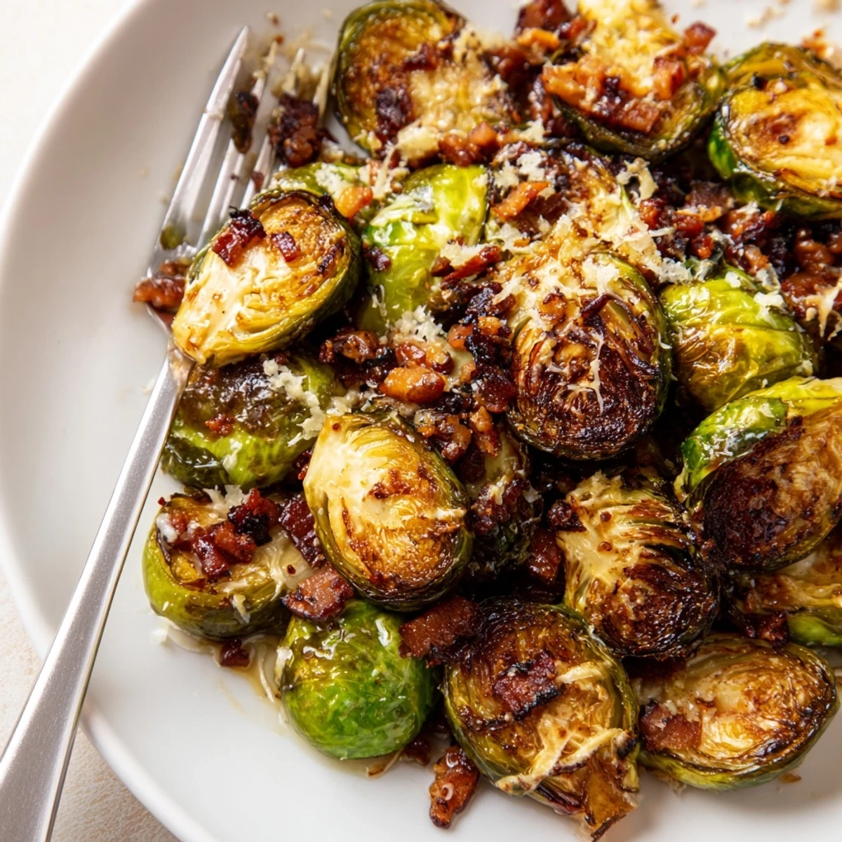 Golden roasted Brussels sprouts with crispy turkey bacon on a parchment-lined baking sheet, served as a savory side dish for weeknight dinners.