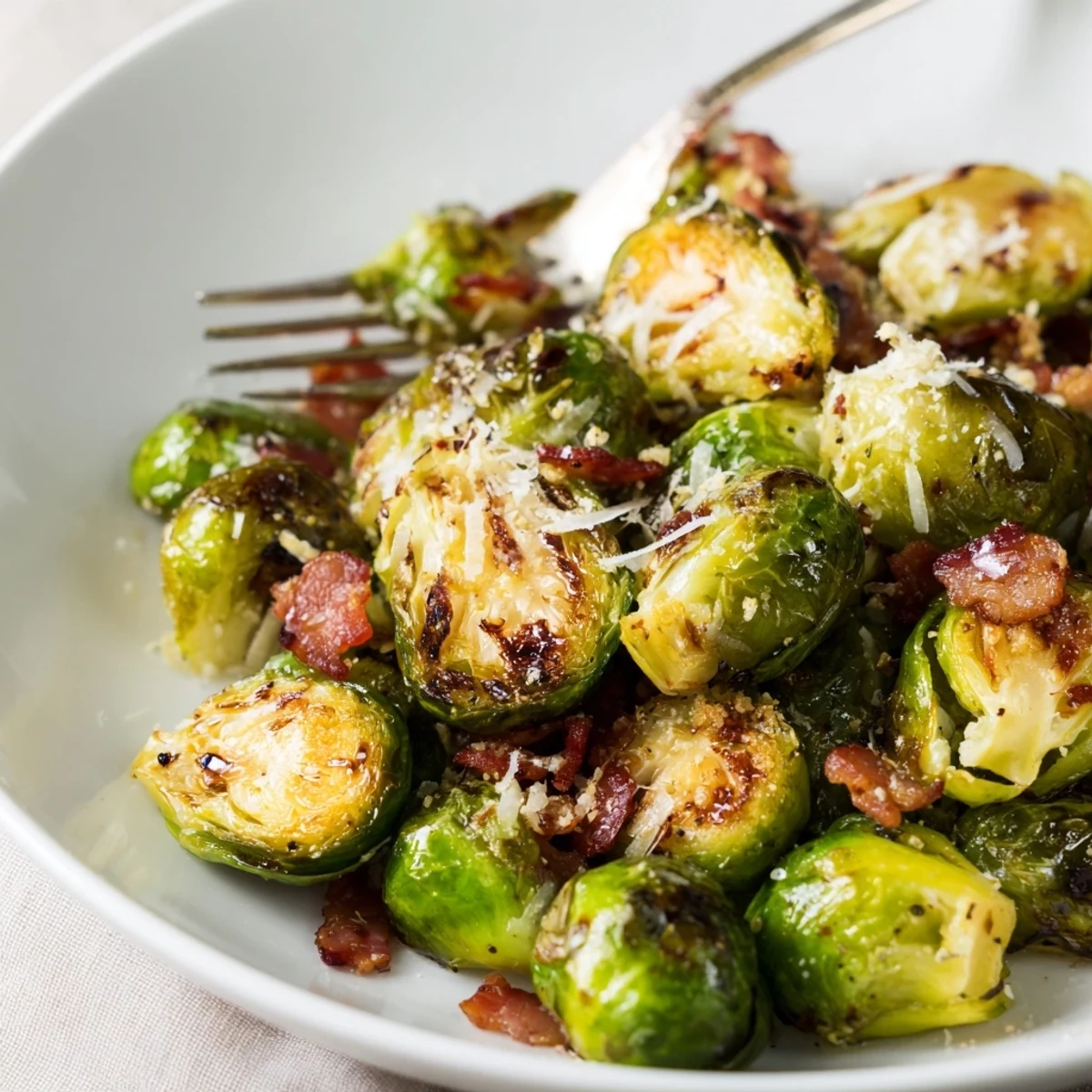 Roasted Brussels sprouts with turkey bacon tossed with garlic and Parmesan, plated alongside roast chicken for a festive holiday meal.