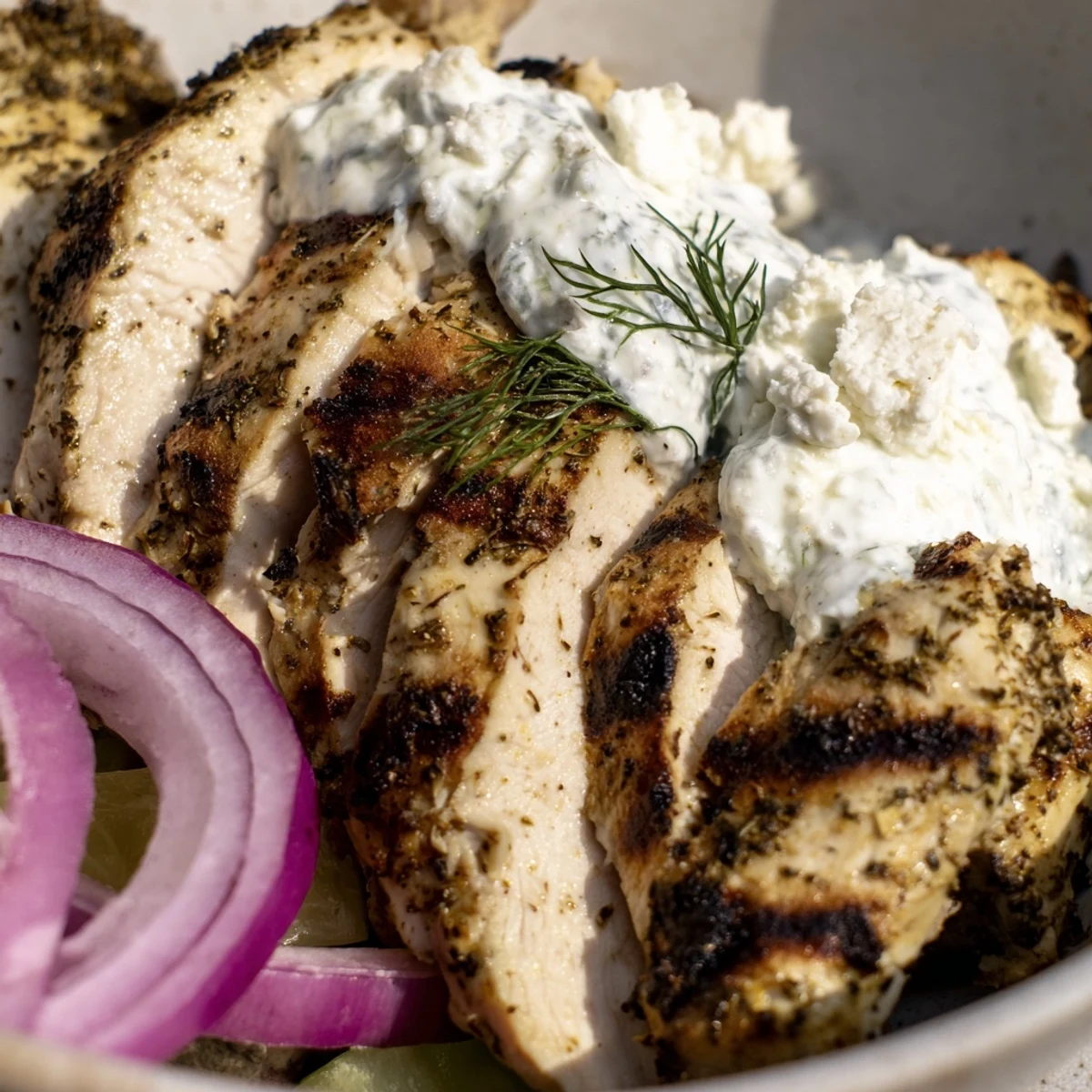 Greek Chicken Gyro Bowls with Tzatziki Sauce feature tender marinated chicken, rice, crisp veggies, and creamy sauce.