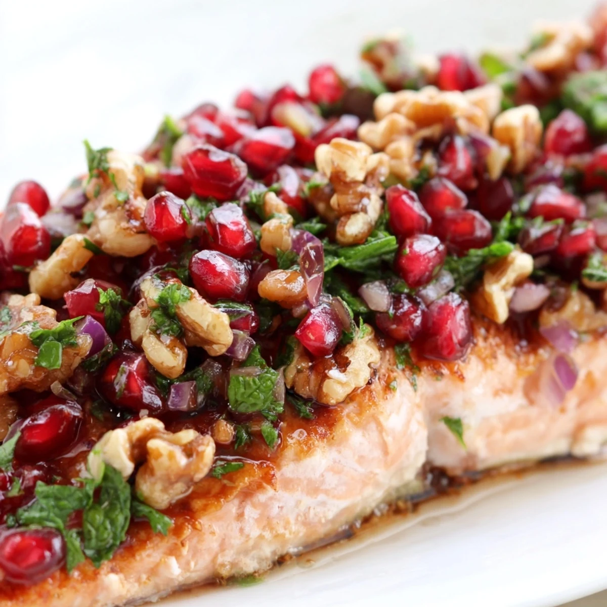 Perfectly baked salmon fillets topped with Baked Salmon with Pomegranate Walnut Salsa for a vibrant, healthy dinner.