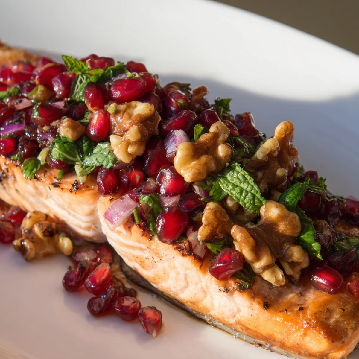 Juicy salmon serving drizzled with olive oil and piled high with Baked Salmon with Pomegranate Walnut Salsa.