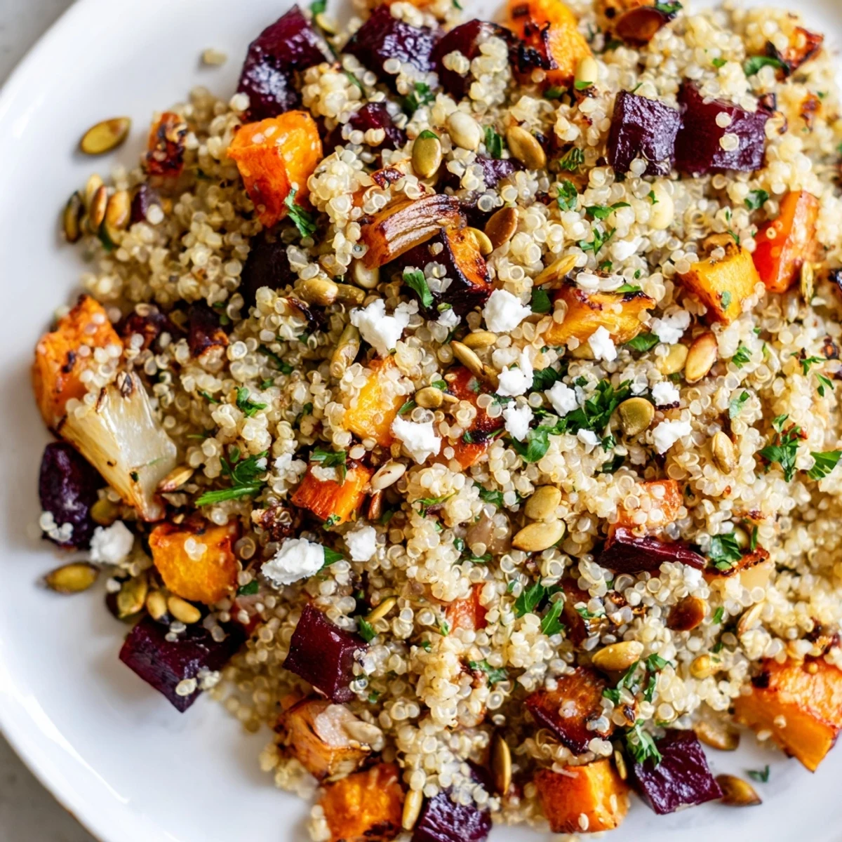 Roasted root vegetables and fluffy quinoa in a warm salad, featuring vibrant carrots, beets, and golden sweet potatoes. 