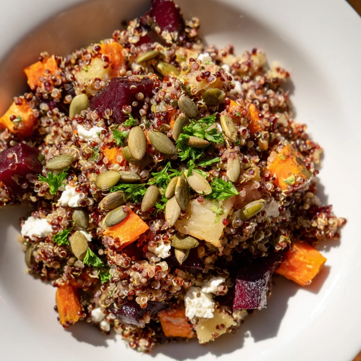 Hearty bowl of Warm Quinoa Salad with Roasted Root Vegetables, tossed with pumpkin seeds, fresh parsley, and a tangy vinaigrette. 