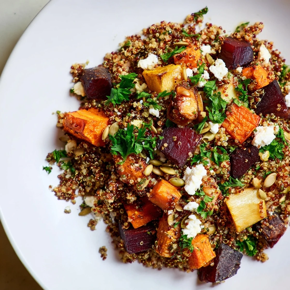 Serving suggestion for Warm Quinoa Salad with Roasted Root Vegetables, a steaming bowl garnished with feta, perfect for a cozy meal.