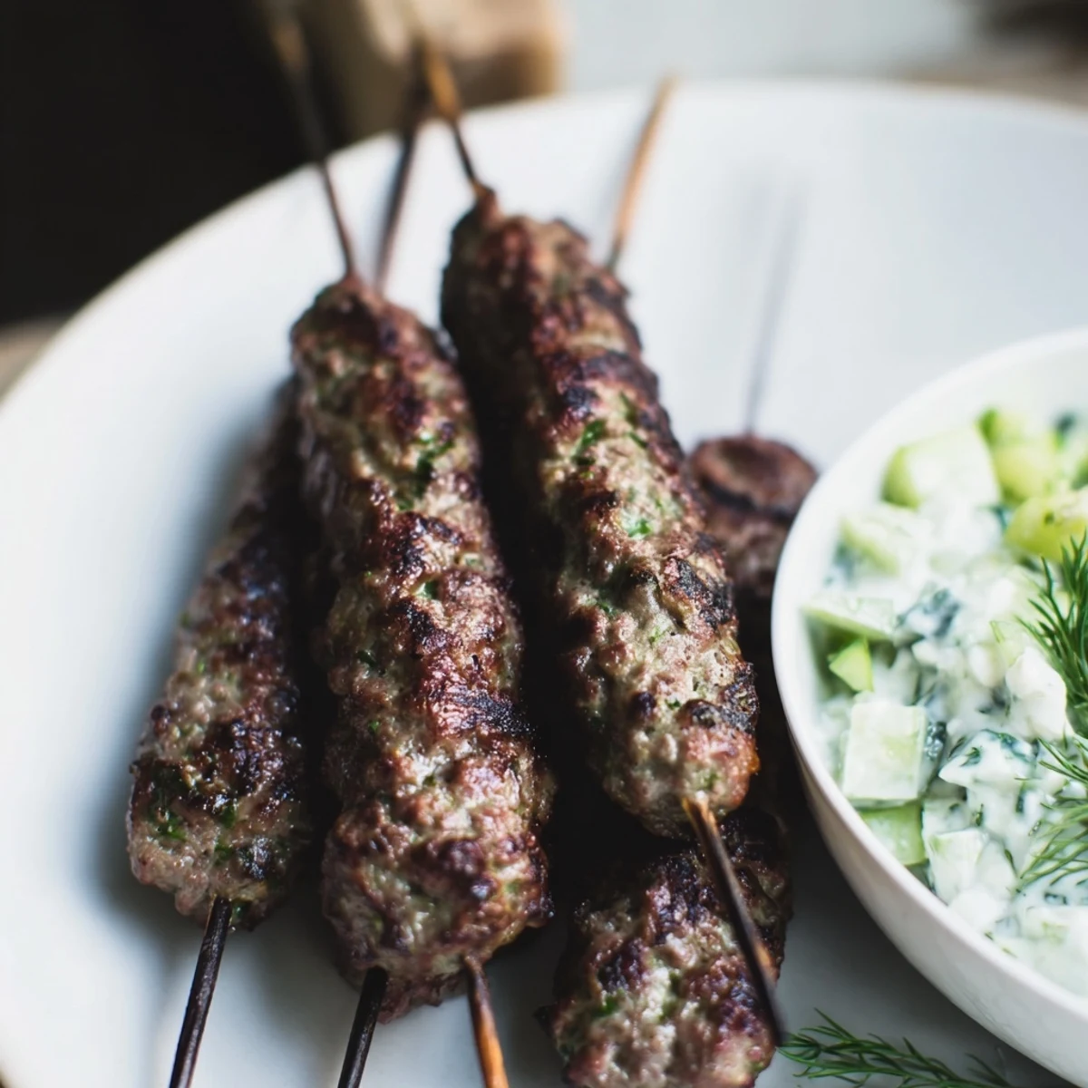 Freshly prepared Beef Kofta Kebabs on a platter, paired with a creamy cucumber yogurt dip and lemon wedges.