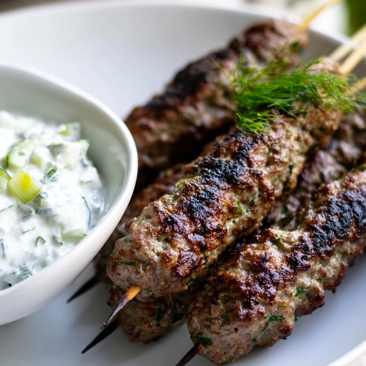 Juicy, spiced Beef Kofta Kebabs grilled on skewers, served with a cool cucumber yogurt dip and fresh herbs.