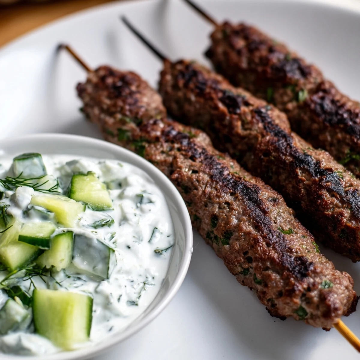 Golden, oven-roasted Beef Kofta Kebabs arranged over rice, accompanied by a vibrant bowl of cucumber yogurt dip.