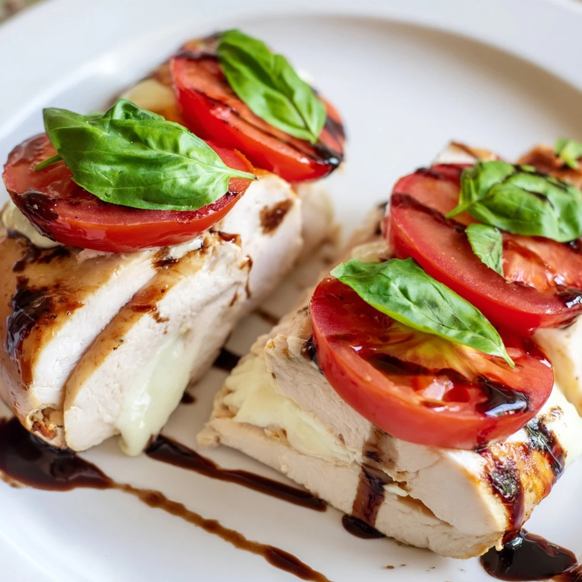 A finished Caprese Stuffed Chicken Breast plated with roasted asparagus and drizzled with sticky, dark balsamic glaze.